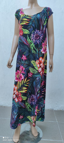 Vestido Largo Seda Fría Estampado Cuello Bote