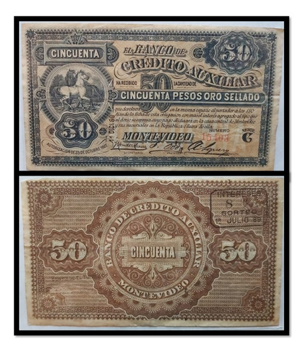 Billete Banco De Crédito Auxiliar, 50 P. Oro Sellado, 1887
