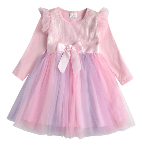 Vestido Rosa Para Niña Con Brillos Y Falda Arcoiris