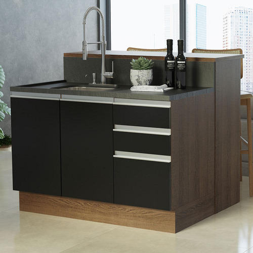 Isla de cocina con encimera y encimera, 120 cm, Glamy Madesa RP, color rústico/negro