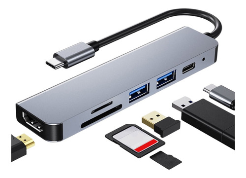 Hub Usb C 6 En 1 Adaptador Lector Sd Pd Hdmi Para Mac iPad