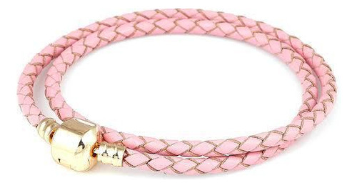 Pulseira De Berloques Couro Legitimo Rosa Duas Voltas B Ouro