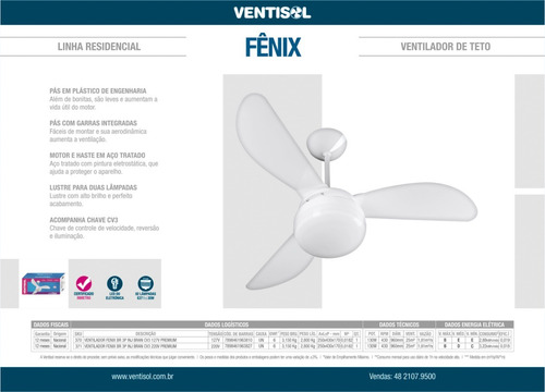 Ventilador De Teto Ventisol Fênix Branco Premium - 110/127v