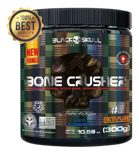 Pré Treino Bone Crusher Black Skull 300gr Sabor Blueberry