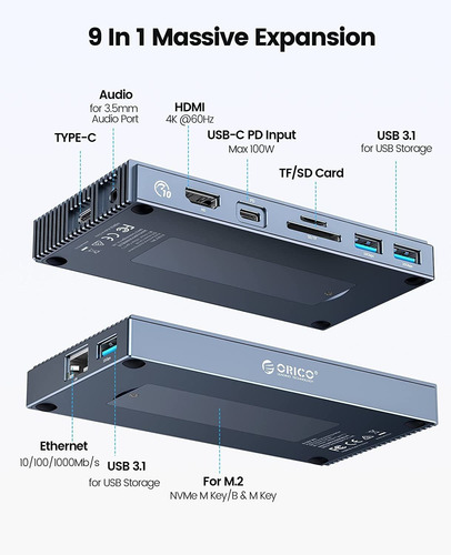9 Es 1 Nvme Ssd Dock Pd100w Rj45 Hdmi 4k @60hz 3.5mm Orico