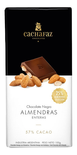 Imagen 1 de 8 de Chocolate Negro Y Almendras Enteras Cachafaz 100gr. 