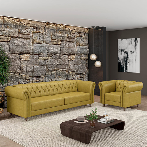 Conjunto 1 Sofá 180cm 1 Poltrona Chesterfield Couro Bege