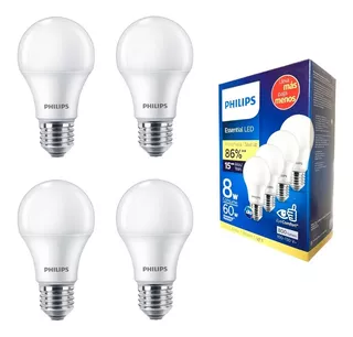 Paquete 4 Piezas Foco Philips 8w (60w) Led Luz Cálida 3000k