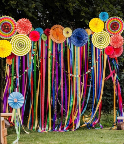 Set Abanicos Decorativos Rainbow + Festones De  Colores