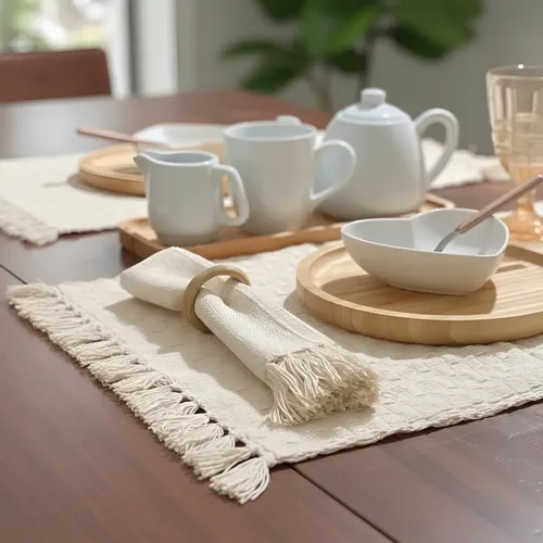 Kit Jogo Americano 12 Pçs Com Franja Algodão Tear Mesa Posta Cru