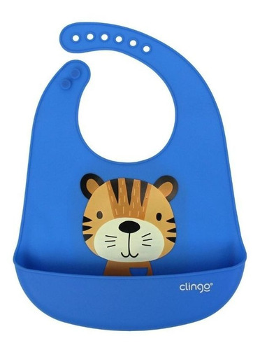 Babador De Silicone Com Bolso Coletor Tigre - Clingo Cor Azul Tigre Infantil Bebe Fecho Botões Ajustáveis 3+ Meses Tamanho 3-6 M