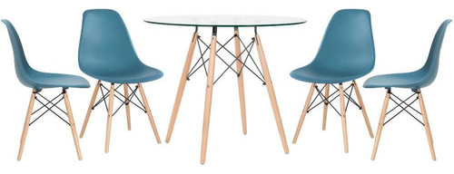 Kit Mesa De Vidro Eames Wood 90 Cm 4 Cadeiras Eames Dsw Cor Da Tampa Turquesa