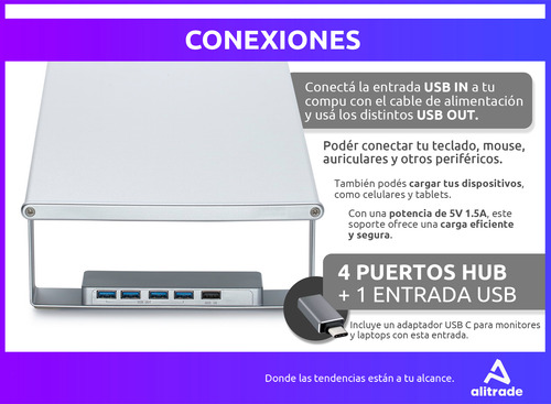 Base Eleva Monitor Pc Soporte Puertos Hub Usb Escritorio