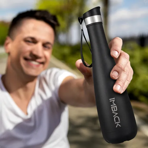 comprar Termo Botella agua Termica Acero inoxidable Capacidad 750 ml Con Correa Tapa Boton IMBACK Color Negro