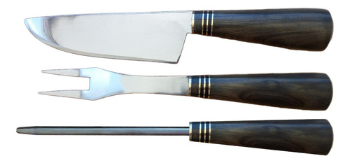 Juego Asador Cuchillo, Tenedor Y Chaira Artesanal. Hoja 16cm