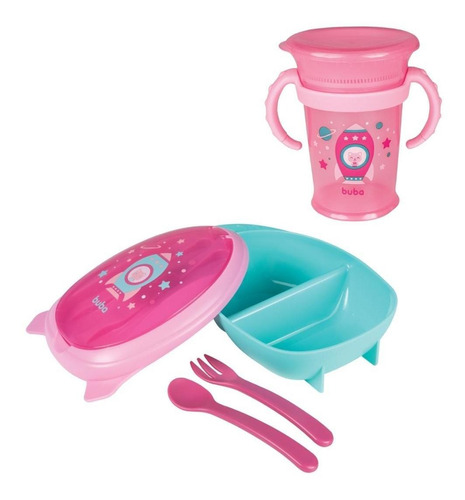 Kit Refeição Menina Lancheira + Copo De Treinamento Foguete