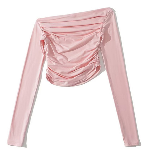 Camisa Y2k Con Hombros Descubiertos, Top Rosa, Manga Larga,