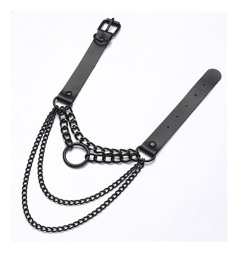 F Gargantilla Cadenas Negras Y Cuero Sintetico Gotico Punk