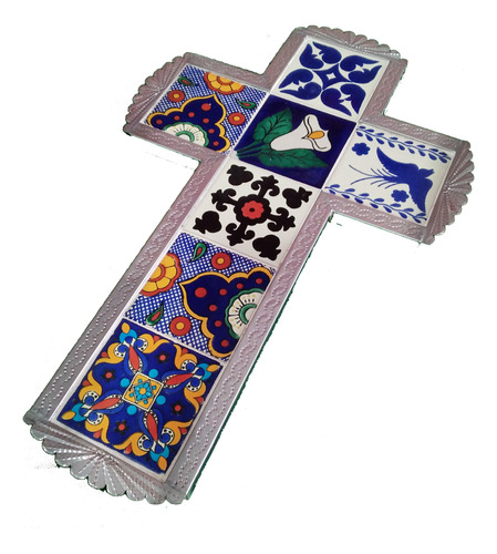 Cruz De Latón Con Azulejo De Talavera 69x39 Cm M1