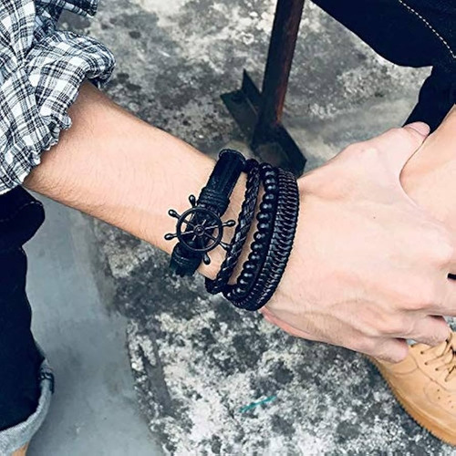 Set 4 Pulseras Brazalete Biker Piel Timon Vintage Cuero