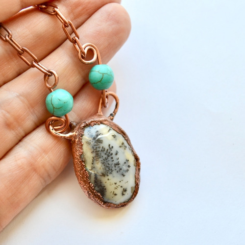 Collar Piedra Agata Y Howlitas Turquesa, Cadena Cobre, Cod1