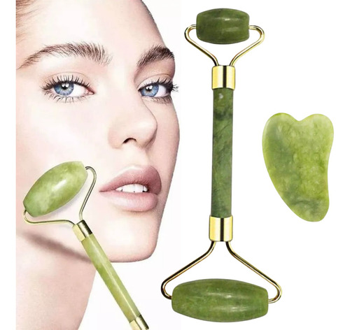 Kit Rodillo Y Piedra Gua Sha Masajeadora De Jade Anti-arruga