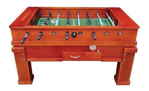 Mesa de pebolim Brasil Jogos e Bilhar Comercial cor verniz castanho com bonecos de alumínio e bolas incluídas