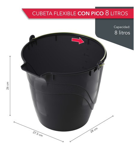 Cubetas De Plástico Flexible Con Pico | Pack 3 Cubetas 8 Lts Negro