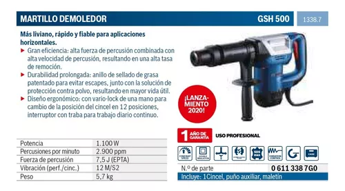 Martillo Demoledor Bosch Gsh 500 1100w 127v En Maletín Color Azul marino