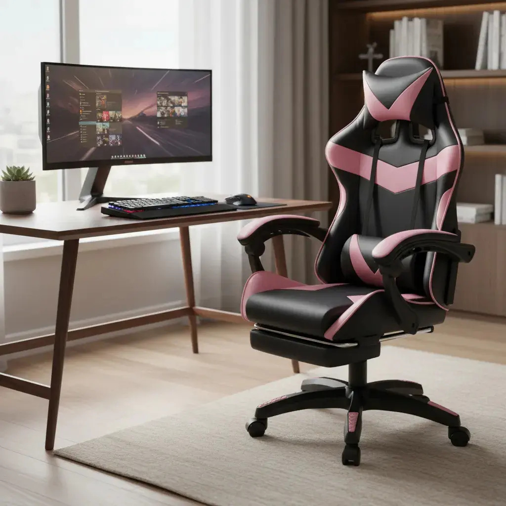 Cadeira De Escritório Gamer Nitro Ergonômica Estofado Couro Sintético Reclinável Altura Ajustável Apoio Para Pés Cor Rosa Luvinco