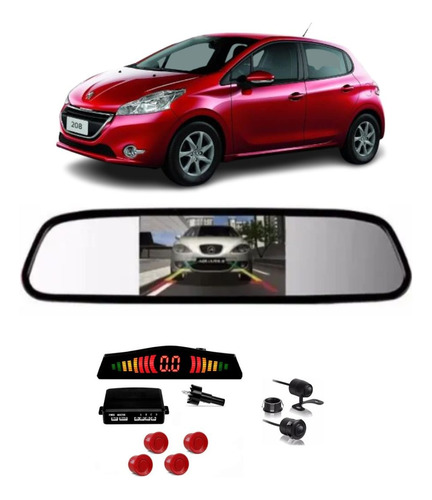 Kit Retrovisor + Câmera 2x1 Sensor Ré Vermelho Peugeot 208