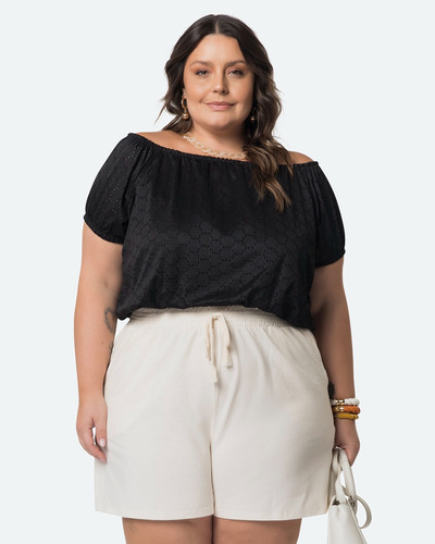 Blusa Ciganinha Feminina Plus Size Malha Laise Preta