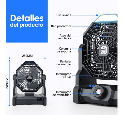 Ventilador De Camping Recargable Portátil Con Luz Led