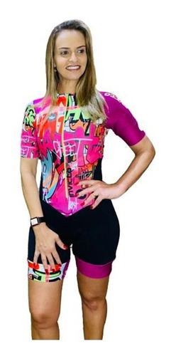 Imagem 1 de 6 de Macaquinho Ciclismo Feminino Grafite Rosa Mc