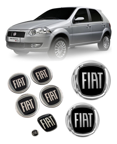 Kit 2 Emblemas 6 Adesivos Fiat Preto Black Piano Palio G4