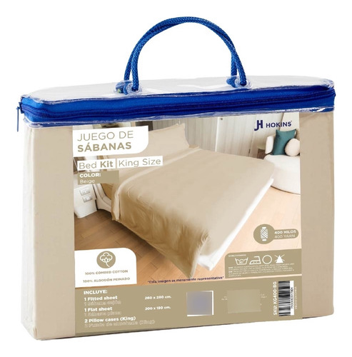 Juego De Sábanas 100% Algodón 300 Hilos Matrimonial - Hokins Color Beige Diseño de la tela Liso