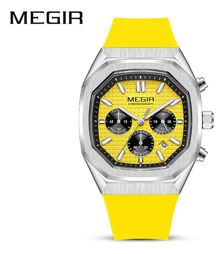 Reloj Cronógrafo Con Calendario Cuadrado Megir Color De La Correa Amarillo