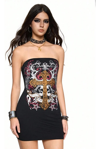 Vestido Corto Strapless Goth Grunge Cruz Brillos Importado