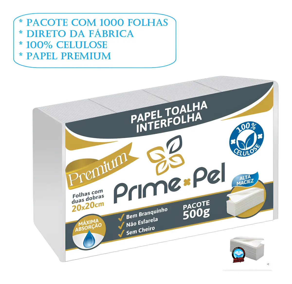 Papel Toalha Interfolha Interfolhado Prime-pel Premium Branco Luxo 100% Celulose 1000 Folhas Secar As Mãos Banheiro Duas Dobras