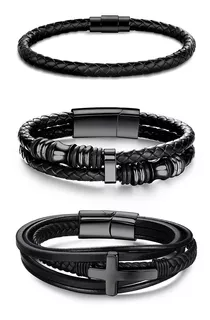 3 Piezas Pulsera Para Hombre De Cuero Con Hebilla Magnética