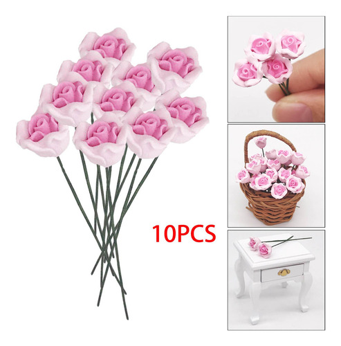 4 X 10 Uds Artificial Flor Rosa Para Casa De 1:12 Casa De
