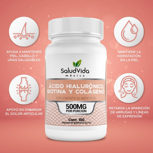 Imagen 3 de 3 de Biotina, Ácido Hialurónico Y Colágeno, 100 Cápsulas 500mg