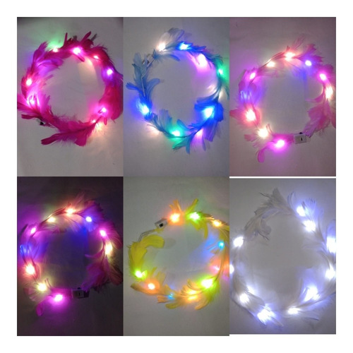 5 Coronas Diademas De Plumas Con Luz Led Luminosas Fiesta 