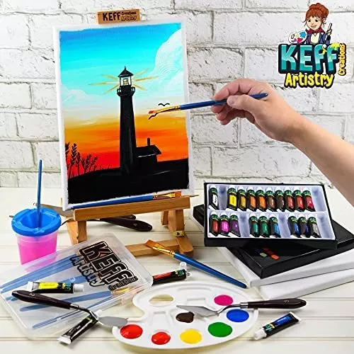 Keff Creations Acrylic Paint Set - 54 Piece Professional Artist Painting Supplies Kit, Art Painting, 24 Acrylic Paint Tubes, Paintbrushes, Canvases