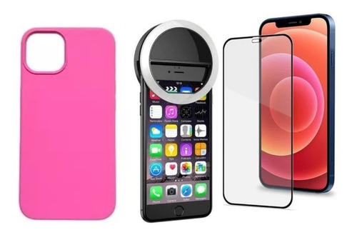 Imagen 1 de 2 de Carcasa Silicona + Aro Luz Led+ Lamina iPhone 13 Y Versiones