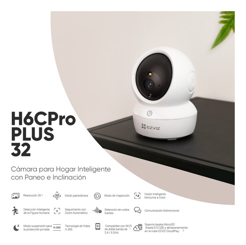 Ezviz Mini Cámara De Seguridad H6cpro-plus-32 Ip Pt 4 Mp Conexión Wi-fi + Seguimiento Inteligente Con Audio De Dos Vías Visión Panorámica Memoria Mircrods De 32gb Ideal Para Uso En Interior
