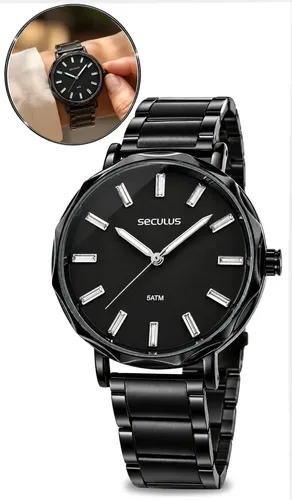 Relógio De Pulso Seculus Com Pulseira De Aço Inoxidável Cor Preto