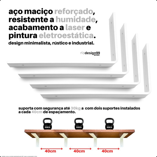 35cm - Mão Francesa Cantoneira Branca Invertida - Rio Design99 - Ferro Aço Suporte Para Prateleira Reforçada Resistente Industrial Madeira Bancada Estante S26