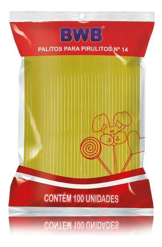 Palito Pirulito Médio 14cm Amarelo Bwb Canudo Pet 100 Un