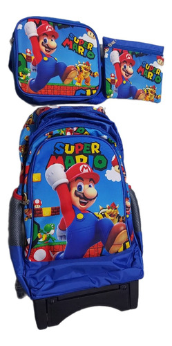 Morral Mario Bross Escolar Con Llantas + Lonchera +cartucher